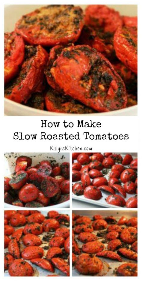 It's time to be making Slow Roasted Tomatoes for the freezer, and this post can show you how it's done!  This post also has lots of good ideas for using Slow Roasted Tomatoes. [from KalynsKitchen.com] Roasting Tomatoes, Tomatoes Garden, Tomatoes In Containers, Slow Roasted Tomatoes, Growing Tomatoes In Containers, Grow Tomatoes, Home Gardening, Roma Tomatoes, Growing Tomatoes