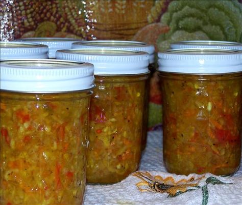 Zucchini Red Pepper Relish| Food.com.  I made something like this the summer of 2011 when my CSA gave me zucchini for canning instead of cucumbers.  I didn't save the recipe and have been searching the web for the recipe.  I think this is it.  I did not grate the vegetables, but chopped them fine. Zucchini Garden, Zucchini Relish Recipes, Zucchini Relish, Relish Recipe, Pepper Relish, Mango Salsa Recipes, Peach Salsa, Relish Recipes, Home Canning