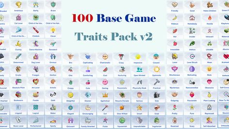 100 Base Game Traits Pack v1.7 | Patreon 100 Base Game Traits, Sims 4 Traits, Zodiac Sign Traits, Social Behavior, Post Quotes, How To Be Likeable, Creepy Cute, Social Interaction, Sims 4 Mods