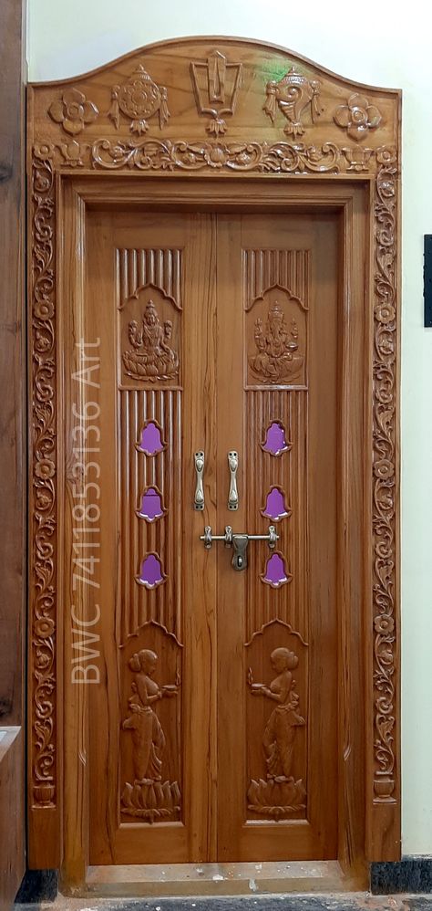 Pooja Room Teak Door Design, Pooja Room Door Frame Design, Pooja Room Teak Wood Double Door Design, Teak Wood Main Door Design Double Door, God Room Door Designs, Pooja Room Double Door Designs, Puja Door, Teak Doors, Pooja Door