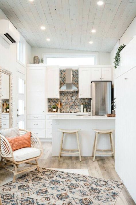 Tiny House Open Concept, Tiny Home Ideas Interiors, Boho Tiny House, Desert Woman, Nye Beach, Tiny Home Designs, Tiny Home Ideas, Trailer House, Tiny Beach House