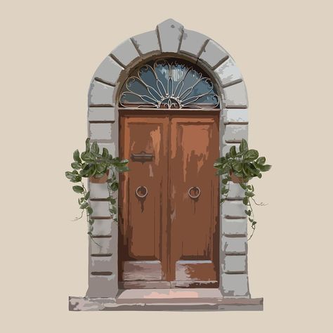 Entrance Illustration, Front Door Illustration, Door Clipart, Church Illustration, Italian Doors, Dark Doors, Arch Door, Wooden French Doors, Shop Doors