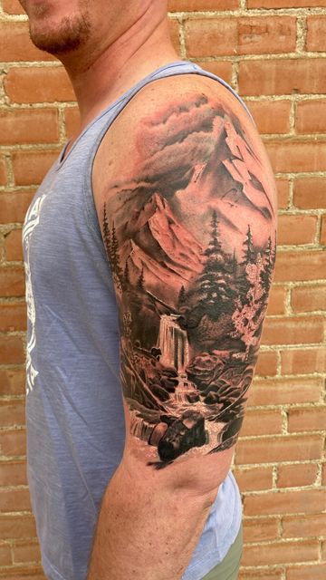 Waterfall Mountain Tattoo, Mountain Tattoo Shoulder, Mountain Shoulder Tattoo, Holden Tattoo, Mountain Scenery Tattoo, Jt Tattoo, Joel Tattoo, Mountain Sleeve Tattoo, Half Sleeve Tattoo Upper Arm