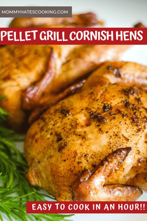 Make these tasty and easy Pellet Grill Cornish Hens in just about an hour on your pellet grill or charcoal grill! Grilled Cornish Hen Recipe, Smoked Cornish Hens In Pellet Smoker, Grilled Cornish Game Hen Recipes, Smoked Whole Chicken Pellet Grill, Smoked Cornish Hens, Grilled Cornish Hens, Pit Boss Pellet Grill Recipes, Cooking Cornish Hens, Hen Recipes