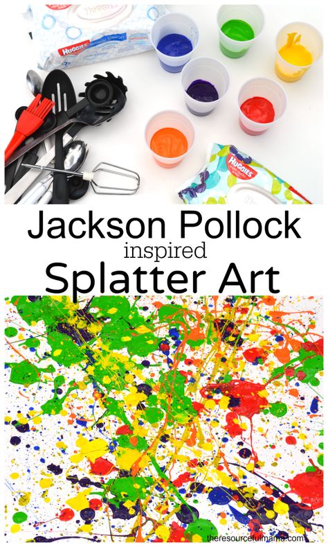 Jackson Pollock Art, Pollock Paintings, Preschool Art Projects, Art Project For Kids, Artist Study, Franz Kline, Splatter Art, Artist Project, Project For Kids