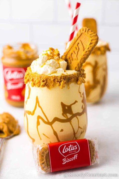 Biscoff Milkshake | Greedy Gourmet Gourmet Milkshakes, Biscoff Milkshake, Peppermint Crisp Tart, Biscoff Recipes, African Dessert, Biscoff Cookie Butter, Vegan Whipped Cream, Dairy Free Ice Cream, Brewers Yeast