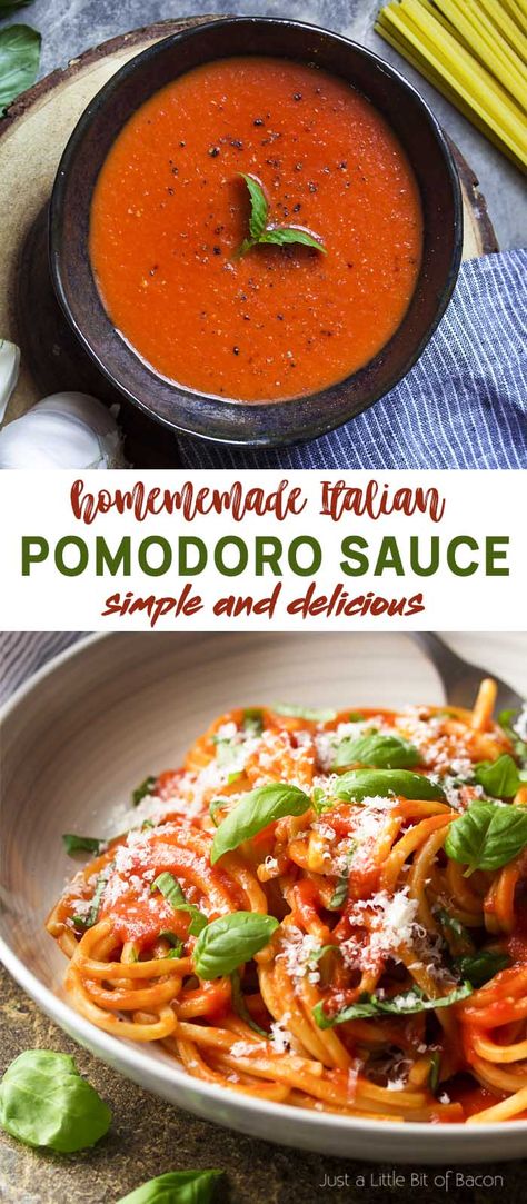 Learn how to make the best traditional Italian pomodoro sauce with canned tomatoes! This homemade tomato sauce is simple to prepare with authentic flavor. Perfect for pasta or as the base in many Mediterranean recipes. | justalittlebitofbacon.com #italianrecipes #italian #tomatorecipes #tomatoes #tomatosauce Pomodoro Sauce Recipe Italy, Italian Spaghetti Recipes Italy, Homemade Italian Dishes, Traditional Tomato Sauce, Homemade Tomato Sauce For Lasagna, Homemade Authentic Italian Pasta Sauce, Italian Pomodoro Sauce, Traditional Pasta Sauce, Spicy Pomodoro Sauce