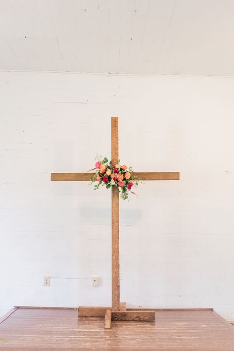 wooden cross wedding backdrop with flowers #colorfulwedding #wedding #ceremony #ceremonybackdrop #cross #weddingcross  Gari-Ann Kia Photography Wood Cross Wedding Ceremony, Cross Wedding Arbor, Wooden Cross Wedding, Cross Wedding Backdrop, Backdrop With Flowers, Ceremony Backdrop Indoor, Wedding Interior, Cross Wedding, Altar Flowers