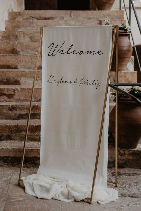 Wedding Welcome Sign Alternative, Wedding Welcome Sign Canvas, Canvas Wedding Welcome Sign, Different Wedding Signs, Framed Welcome Sign Wedding, Fabric Signs Wedding, Canvas Welcome Sign Wedding, Fabric Signage Wedding, Diy Linen Wedding Sign