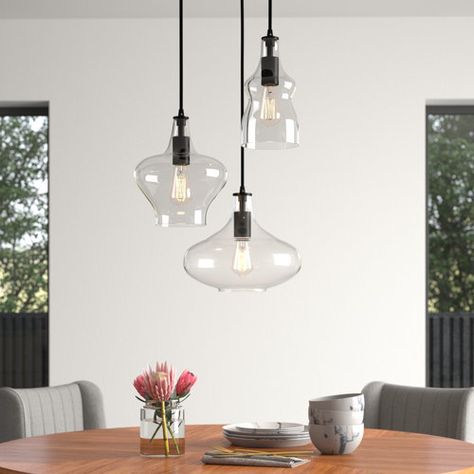 Three Posts™ Inola 3 - Light Cluster Pendant | Wayfair Light Cluster Pendant, Island Pendants, Kitchen Island Pendants, Cluster Pendant, Laurel Foundry Modern Farmhouse, Geometric Pendant, Elegant Lighting, Black Iron, Kitchen Lighting