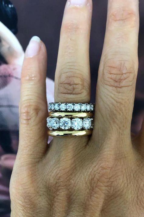 Eternity Band As Engagement Ring, Dainty Engagement Ring Stack, Eternity Ring Diamond Stack, Ring Inspo Jewelry, Eternity Ring Stack, Jessica Mccormack, Diamond Eternity Bands, Stacked Rings, Stack Rings