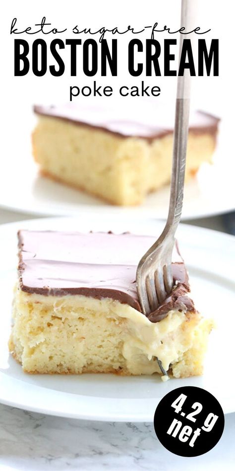 Boston Cream Pie Poke Cake, Cream Poke Cake, Boston Cream Poke Cake, Boston Cream Cake, Thm Sweets, 43rd Birthday, Keto Cakes, Low Carb Cake, Postre Keto