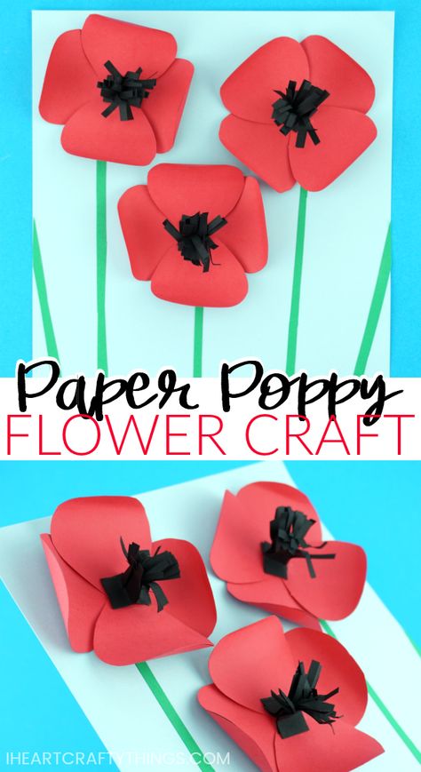 Learn how easy it is to make this simple paper poppies craft. Come grab the free poppy flower template. The combination of the red flower petals popping of the page along with black strips coming out from the middle of the flowers gives this pretty paper poppies craft an awesome 3-dimensional effect. Great Remembrance Day Craft and Poppy Craft for kids. #poppies #remembranceday #poppyday #flowercrafts #papercraft #papercrafts #papercrafsforkids #summercraftsforkids #iheartcraftythings Poppy Craft Ideas, Remembrance Crafts For Kids, Remembrance Day Crafts For Kids, Poppy Flower Craft, Poppies Craft, Remembrance Day Craft, Paper Plate Poppy Craft, Flowers Crafts For Kids, Poppy Crafts