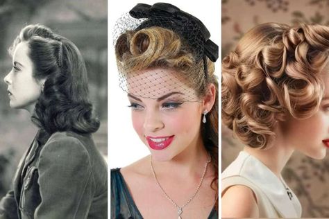 29 Timeless 1940s Hairstyle Ideas For A Classic Aesthetic - ReenaSidhu 1940 Hairstyles, 1940 Hair, Hairstyle 1940, Pin Up Curls, Retro Updo, 40s Hairstyles, Vintage Updo, Brassy Hair, Side Swept Curls