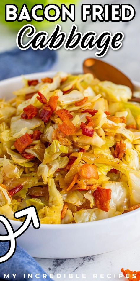 This bacon fried cabbage is just what you’ve been craving. If you are looking for the perfect side dish recipe, this is it! Packed full of incredible flavor and thick cut bacon , it is sure to be a hit with everyone. It's so simple to make and loaded with flavor. This bacon fried cabbage makes the perfect side dish you can pair with your favorite meat. Try this amazing bacon fried cabbage today! Fried Cabbage Recipe, Fried Cabbage Recipes, Bacon Fried Cabbage, Bacon Fries, Easy Bacon, Cabbage And Bacon, Cooked Cabbage, Thick Cut Bacon, Fried Cabbage