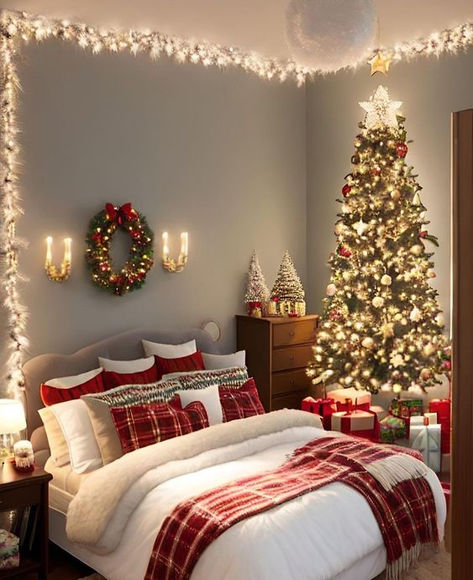 See what Christmas color palette best suits your home’s interior. Room Ideas Christmas, Christmas Room Inspiration, Holiday Bedroom Decor, Holiday Room Decor, Room Decor Christmas, Holiday Bedroom, Winter Bedroom, Christmas Color Palette, Holiday Room