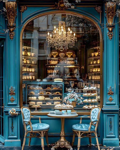 Historical House, Golden Sparkle, Blue Cafe, French Cafe, Store Window, Shop Fronts, Cozy Cafe, Bakery Shop, Cafe Interior Design