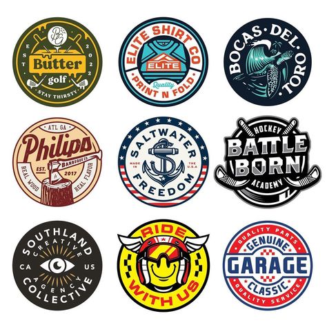 Select circular badges for a variety of clients - which is your favorite? 👂🏼 #graphicdesign #badgedesign #logo #logodesigner #logodesigns… | Instagram Logo Circle Design, Circle Sticker Design, Circular Logos, Circular Stickers, Circular Logo Design, Vintage Badge, Golf Prints, Circular Logo, Logo Unique