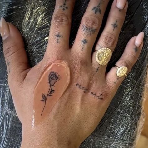 333 Hand Tattoo, Word On Hand Tattoo, Hand Tattoos Thumb, Patience Hand Tattoo, Flower On Hand Tattoo, Hand Flower Tattoos, Hand Tattoo Words, Delicate Hand Tattoo, Dainty Hand Tattoos