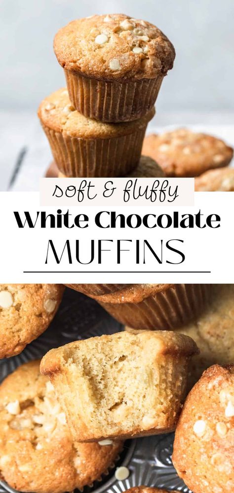 These bakery-worthy white chocolate chip muffins are soft, fluffy, and loaded with melty white chocolate chips. They're perfect served for breakfast or brunch and are the best sweet way to start the day. White Chocolate Macadamia Nut Muffins, White Chocolate Chip Muffins Recipes, Muffins With White Chocolate Chips, Banana White Chocolate Chip Muffins, White Chocolate Muffins Recipes, White Chocolate Chip Recipes, White Chocolate Banana Muffins, Muffins White Chocolate, White Chocolate Chip Muffins