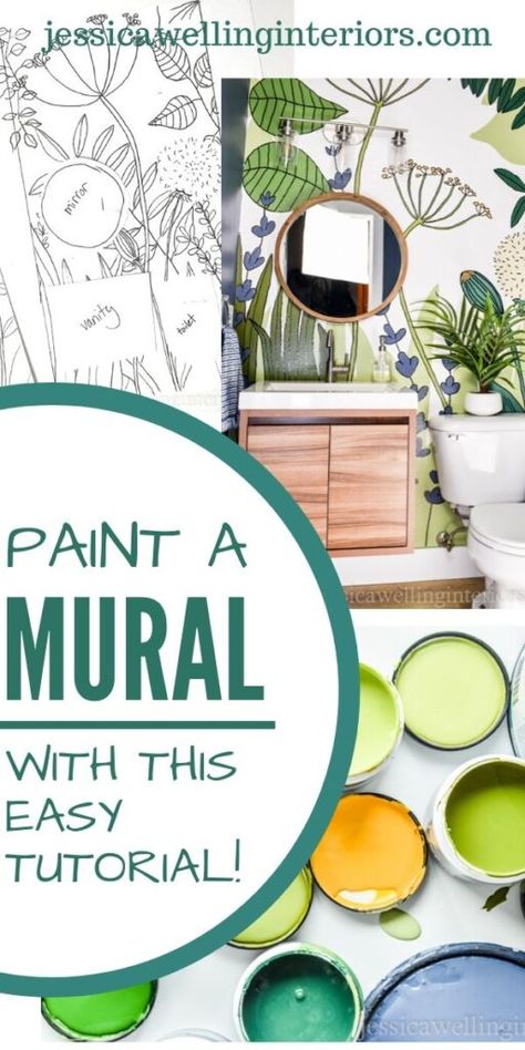 Paint a botanical mural accent wall! It's a budget-friendly way to add loads of style and color to your home, and with this step-by-step tutorial, it's easier than you think! Tile Stencils Diy, Wall Murals Painted Diy, Paint A Mural, Bathroom Mural, Wall Murals Diy, Diy Mural, Jungle Mural, Mural Stencil, Interior Murals