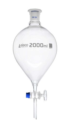 Separating Funnel, 2000ml - Pear Shaped - 29/32 Plastic Stopper, Glass Key Stopcock, Stem with Cone - Borosilicate Glass - Eisco Labs • 2000mL borosilicate glass separatory funnel• 16 inches long, 6-inch diameter• Fitted with a 29/32 interchangeable plastic stopper and PTFE stopcock• Ungraduated This 2000mL separating funnel has a robust pear-shaped body with a 6-inch diameter at its widest point. The item measures 16 inches in height when positioned upright and is designed with a glass stopcock that allows optimal control of flow when working with liquids in the lab. The interchangeable 29/32 stopper fits the 1.375-inch opening at the top of the funnel. It is made from quality borosilicate glass. Ungraduated. Eisco Labs Borosilicate glass has the following heat tolerances: Strain Point -5 Laboratory Equipment, Laboratory Science, Plastic Glass, For Sale Sign, Funnel, Pear Shaped, Flask, Pear, Key