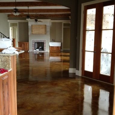 Acid Wash Concrete Floor, Stained Concrete Floors Kitchen, Acid Wash Concrete, Washed Concrete, Concrete Kitchen Floor, Concrete Stamping, Acid Stained Concrete Floors, Cement Stain, Stained Floors