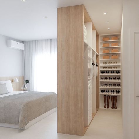 Partition Wall Bedroom Closet, Walk Through Room Ideas, Room With Closet Ideas, Closet Behind Bed Wall, Best Guest Bedroom Ideas, False Wall Wardrobe Closet Behind Bed, Walk Through Closet To Bedroom, Walk In Closet For Small Bedroom, Bedroom And Wardrobe Ideas