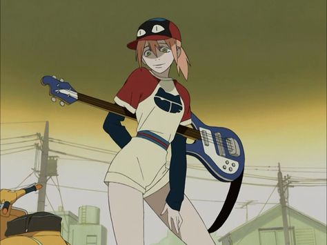 Haruko in relaxed pose holding her bass ready for baseball Flcl Icons, Flcl Naota, Flcl Manga, Flcl Haruko, Haruko Haruhara, Furi Kuri, Fooly Cooly, Furano, Baseball Outfit