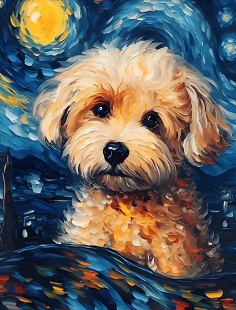 Maltipoo Painting, Puppy Painting, Dog Portraits Painting, Maltese Poodle, Canvas Art Projects, 강아지 그림, Abstract Landscapes, Starry Night Van Gogh, Dog Canvas