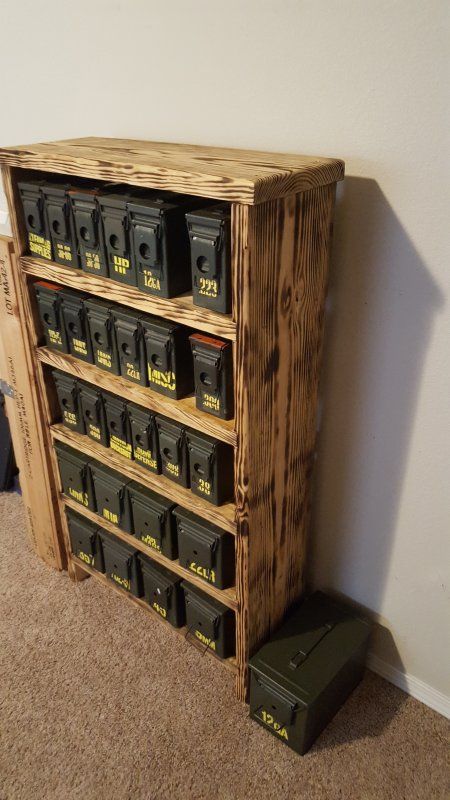 Ammo Can Storage shelf: finish? | Page 3 | Oklahoma Shooters Reloading Room Organization, Tactical Storage Ideas, How To Organize Hunting Gear, Crossbow Storage Ideas, Hunting Room Organization, Hunting Gear Storage Ideas, Hunting Organization Storage, Man Cave Storage Ideas, Hunting Gear Room