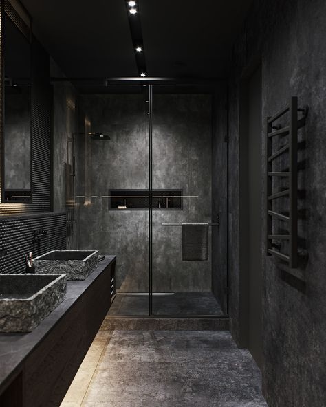 Dark Modern Bathroom, All Black Bathroom, Bathroom Interior Design Luxury, Black Tile Bathrooms, Dark Interior Design, Simple Bed Designs, Bathroom Design Black, Dark Bathrooms, Bathroom Shower Design