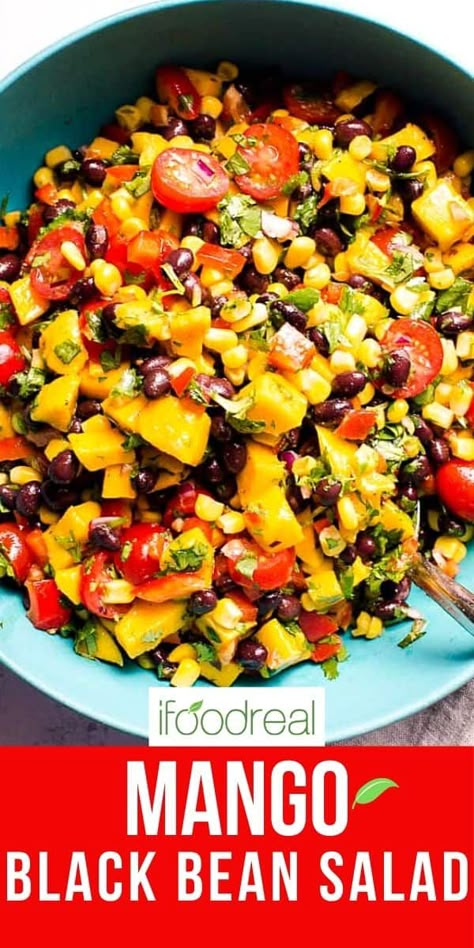 Mango Black Bean Salad with corn, tomatoes, bell pepper and zesty lime comes together in 15 minutes. Fresh and healthy salad rich in protein and fiber that everyone will absolutely love. It's a win-win! Mango Black Bean Salad, Black Bean Salad With Corn, Bean Salad With Corn, Salad With Corn, Healthy Dinner Salads, Black Bean Salad Recipe, Black Bean Salsa, Black Bean Salad, Crunchy Salad