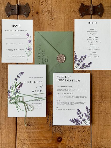 Boho Lavender Flowers Wedding Invitation Suite with Menu choices and Details Insert. Printed Wedding Invitations with printed address.  Option 1 - Main Invite (+ Outer Envelope + Wax Seal) Option 2 - Main Invite + Details Card (+ Outer Envelope + Wax Seal) Option 3 - Main invite + Details Card + Menu + Double sided RSVP with Menu Choices (+ Outer Envelope + RSVP Envelope + Wax Seal) If you require a different colour envelope, please get in touch as we have some other options available.  Invitati Wedding Invites Lavender, Lavender And Sage Wedding Invitations, Green And Purple Wedding Invitations, Sage Green Lavender Wedding, Green Lavender Wedding, Wedding Invitations Lilac, Lavender Flowers Wedding, Weding Invitation, Envelope Wax Seal