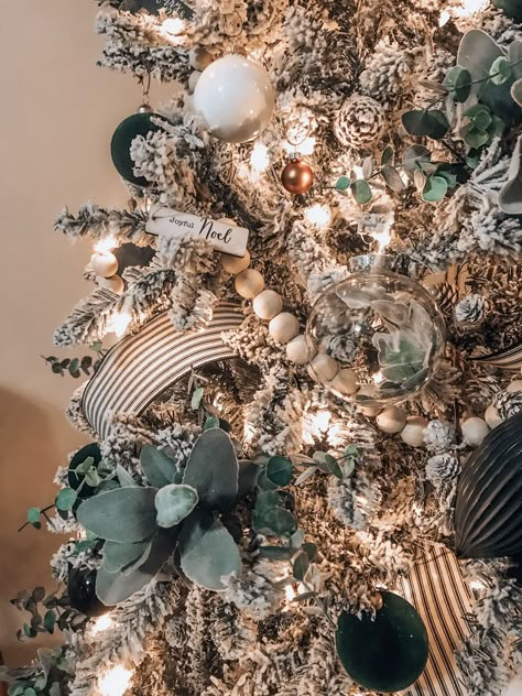 Boho Farm 2019 Christmas tree  #boho #bohemian #farmstyle #style #farm #christmas #tree #home #decor #green #plants #wood #beads #wicker #ornaments #flower #diy White Ornaments Green Christmas Tree, Green Boho Christmas Tree, Tan And Green Christmas Tree, Christmas Tree Styles 2023, Glass Dome Decor Ideas Living Room, Diy High End Ornaments, Flocked Christmas Tree With Green Decor, Sage Green And Black Christmas Tree, Rustic Green Christmas Decor