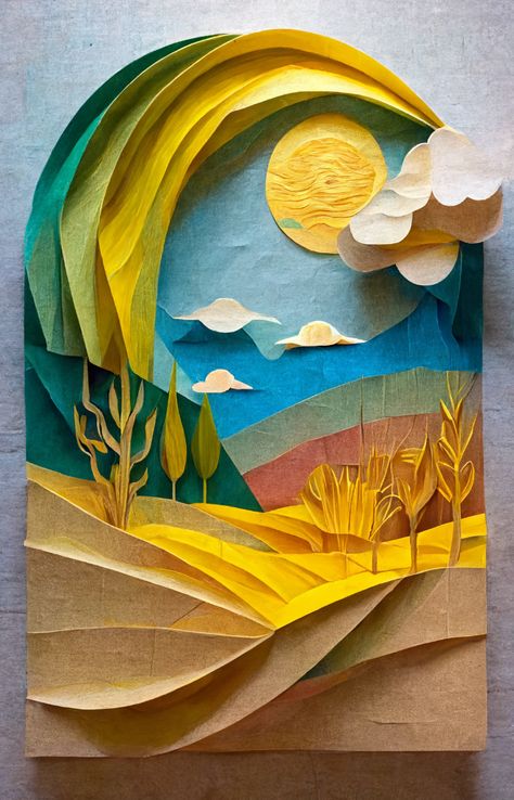 "Harvest Horizons: A Rainbow Over a Rolling Farmland" is a mesmerizing art piece that captures the essence of a beautiful farmland, with rolling hills of wheat and a stunning yellowish-green rainbow arching overhead. Paper Art Landscape, Construction Paper Art, Cutout Art, Pop Art Images, Paper Art Design, Fall Art Projects, Paper Cutout Art, Modern Graphic Art, 3d Paper Art