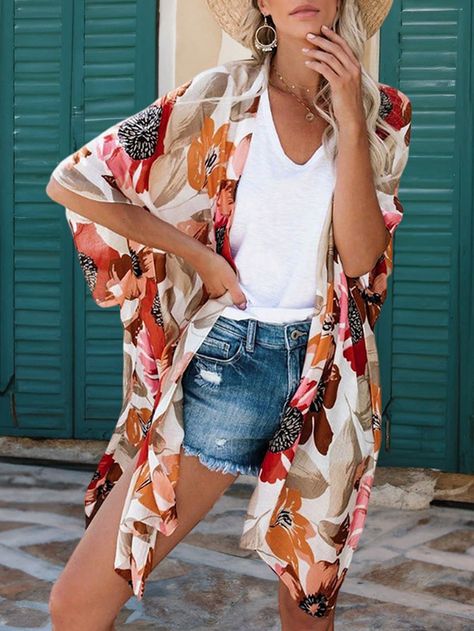 Multicolor  Collar Half Sleeve Woven Fabric Floral,All Over Print  Embellished Non-Stretch  Women Clothing Chiffon Kimono Cardigan, Long Kimono Cardigan, Gilet Kimono, Floral Kimono Cardigan, Sheer Chiffon Blouse, Chiffon Cardigan, Women Chiffon Blouse, Boho Mode, Chiffon Tops Blouses