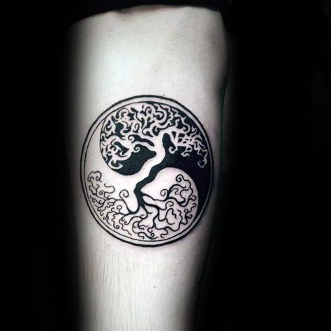 Yin Yang Small Simple Mens Tree Of Life Arm Negative Space Tattoos Negative Space Tattoo, Black And White Tattoo, Yang Tattoo, Hamsa Tattoo, Yin Yang Tattoos, Tattoo Trend, Muster Tattoos, Tree Of Life Tattoo, Space Tattoo