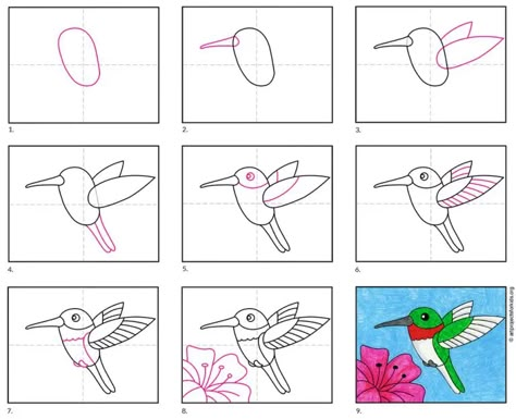 Hummingbird Crafts For Kids, How To Draw A Hummingbird, Draw Hummingbird, How To Draw A Bird, Draw A Hummingbird, Feet Drawing, Ostrich Legs, Directed Drawing, Hummingbird Art