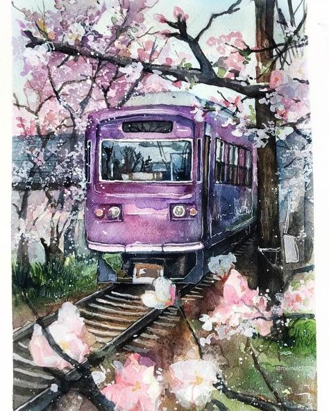 Themes in Watercolor Paintings Aesthetic Art Drawing Watercolor, Color Water Painting Beautiful, Train Painting Watercolor, Dreamy Watercolor Art, Beautiful Water Colour Painting, Best Water Colour Paintings, Beautiful Watercolour Painting, Water Colouring Painting, Fantasy Watercolor Art