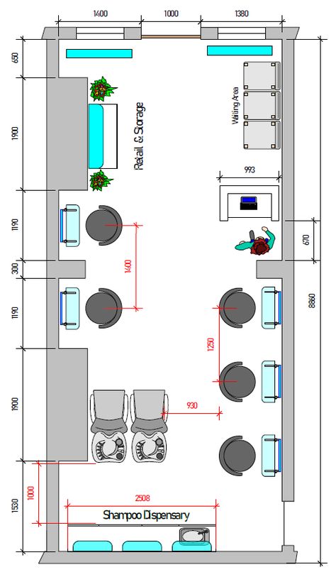 Free detailed drawing too scale with measurements. Helping any salon with #interiordesign ideas #salondesign #salonfurniture Small Salon Interior Design Layout, Salon Layout Plan, Small Salons Layout, Hair Salon And Barber Shop In One, Hair Salons Designs, Hairdresser Salon Interior, Salon Set Up Ideas Layout, Saloon Designs Interiors, Hairdressers Interior