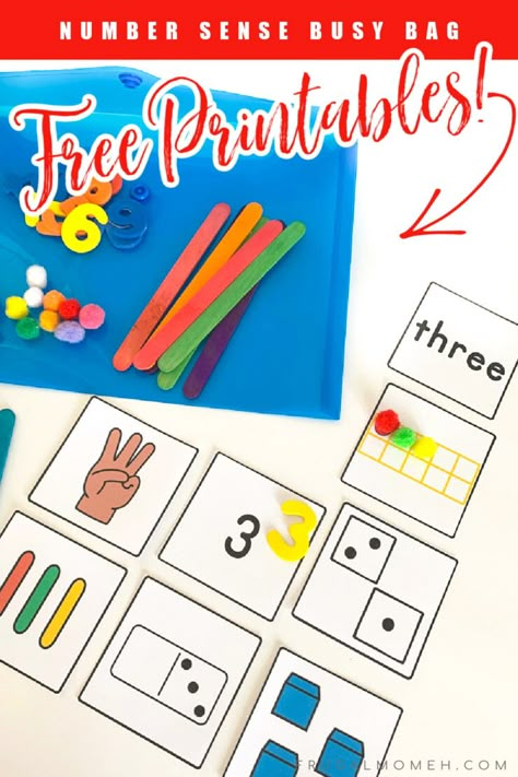 Make this fun number sense busy bag for your preschool or kindergarten aged kids to help them practice counting and numbers! Great for quiet time or centres! Free printable number cards are included in the tutorial! Preschool Number Sense Activities, Free Printable Numbers, Number Sense Activities, Kindergarten Freebies, Fall Math, Frugal Mom, Math Number Sense, Free Kindergarten Worksheets, Numbers Preschool