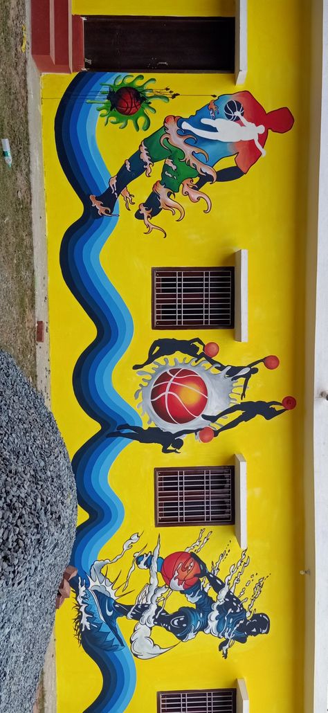 Sports Painting Ideas Wall Art, Sports Mural, Sports Paint, Sports Painting, School Murals, Color Palette Challenge, School Painting, Street Painting, Sports Wall