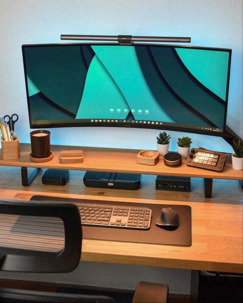 Wooden Desk Setup, Small Room Setup, Wall Tv Stand, Offer Letter, Tv Stand Decor, Computer Desk Setup, Home Studio Setup, Desktop Setup, Desk Setups