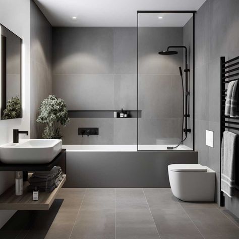 Minimalist Grey Bathroom Ideas for Small Modern Spaces • 333+ Images • [ArtFacade] Simple Modern Bathroom Ideas, Grey Contemporary Bathroom, Modern Bathroom Design Minimalist, Modern Small Bathroom Design With Bathtub, Grey En Suite Bathroom Ideas, Simple Grey Bathroom, Grey Bathroom Tiles Ideas, Grey And Off White Bathroom, Grey Bathroom With Bathtub