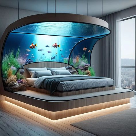 Aquarium-Inspired Bed: Create Your Own Underwater Dreamland Aquarium Bedroom, Green Led Lights, Built In Bed, Underwater Theme, Luxury Hotel Room, Traditional Bed, Ocean Sounds, Luxurious Bedroom, Unique Beds