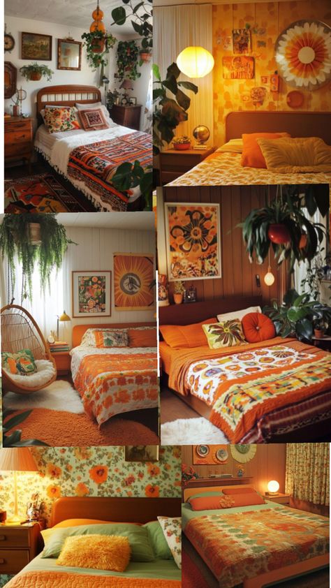 Floral green yellow orange retro vintage 70s bedroom Green 70s Bedroom, Flower Power Bedroom, 70s Bedroom, Orange Retro, Yellow Orange, Green Yellow, Vintage 70s, Flower Power, Retro Vintage