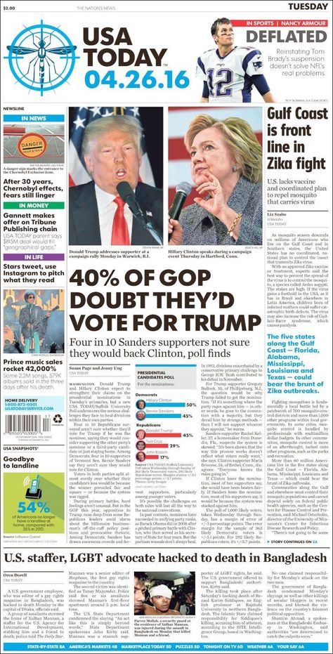 #20160426 #USA #USATODAY #USATODAYnewspaper20160426 Tuesday APR 26 2016 http://en.kiosko.net/us/2016-04-26/np/usa_today.html Usa News Today, Usa Today News, Newspaper Layout, Newark New Jersey, First Amendment, News Paper, Usa News, Gulf Coast, Responsive Design