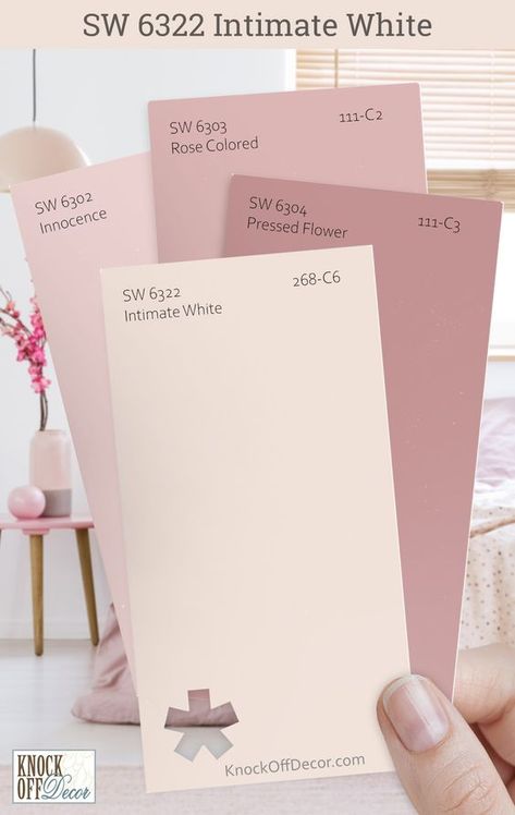 Sherwin-Williams Intimate White has been my muse for creating spaces that speak in hushed tones. I select colors like SW Pressed Flower, Rose Colored, and Innocence that amplify its quietude, setting a mood of tranquil repose. Click to view my top coordinating color palettes in my full review. Rose Pink Sherwin Williams, Rose Colored Walls, Two Tone Pink Room, Creamy Pink Paint Colors, Sw Apple Blossom Paint, Sw Pressed Flower, Rose Colored Sherwin Williams, Sw Pink Paint Colors, Intimate White Coordinating Colors