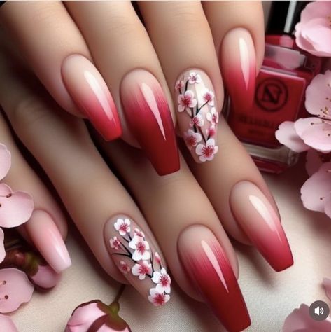 Flowered Nails, Cherry Blossom Nails, Unghie Nail Art, Rose Nails, Nail Designs Glitter, Summer Nails Colors, Floral Nails, Fancy Nails, Valentine's Day Nails